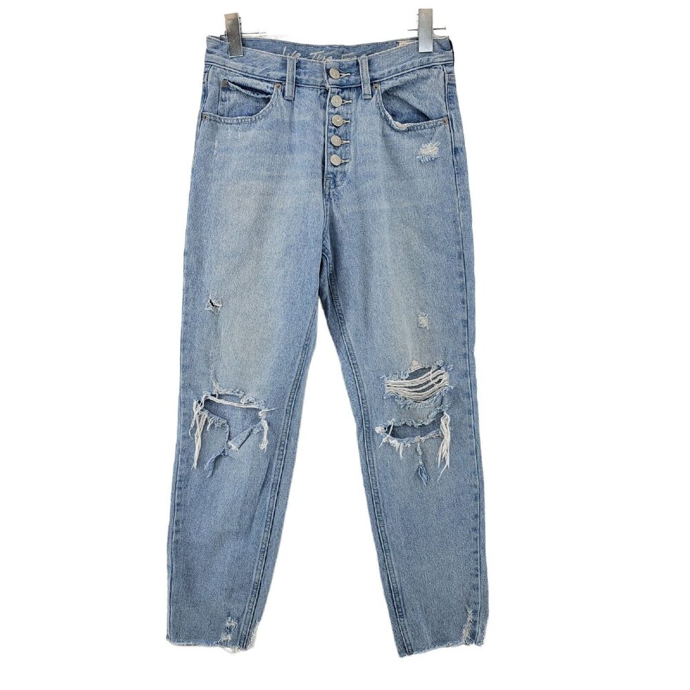 Free People Cropped Jeans High Rise Exposed Button Fly Distressed Size 26